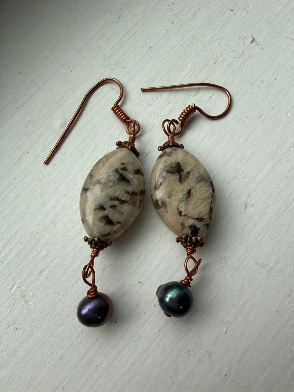 Handmade Copper Drop Earrings with Jasper Cream Stone and Black Pearl
